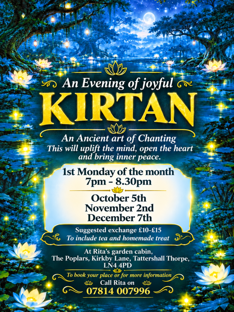 An Evening of Joyful Kirtan at Rita’s garden cabin: first Monday of the month, 7pm–8:30pm.