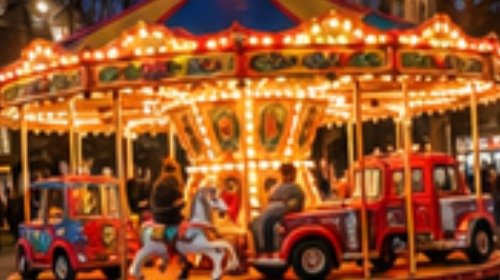 A colourful children’s carousel with miniature vehicles and horses, lit up for Christmas