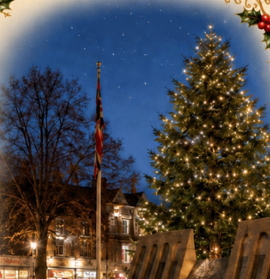 Woodhall Spa Christmas tree glowing with festive lights, from the Christmas guide