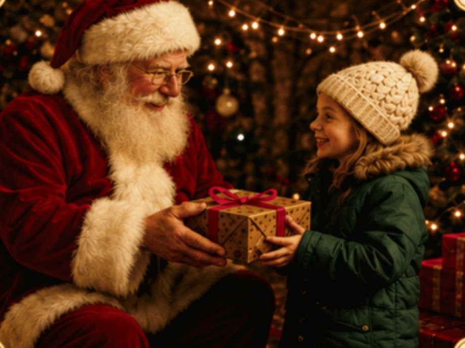 Santa sharing a Christmas present with a child, from the supplied Christmas guide