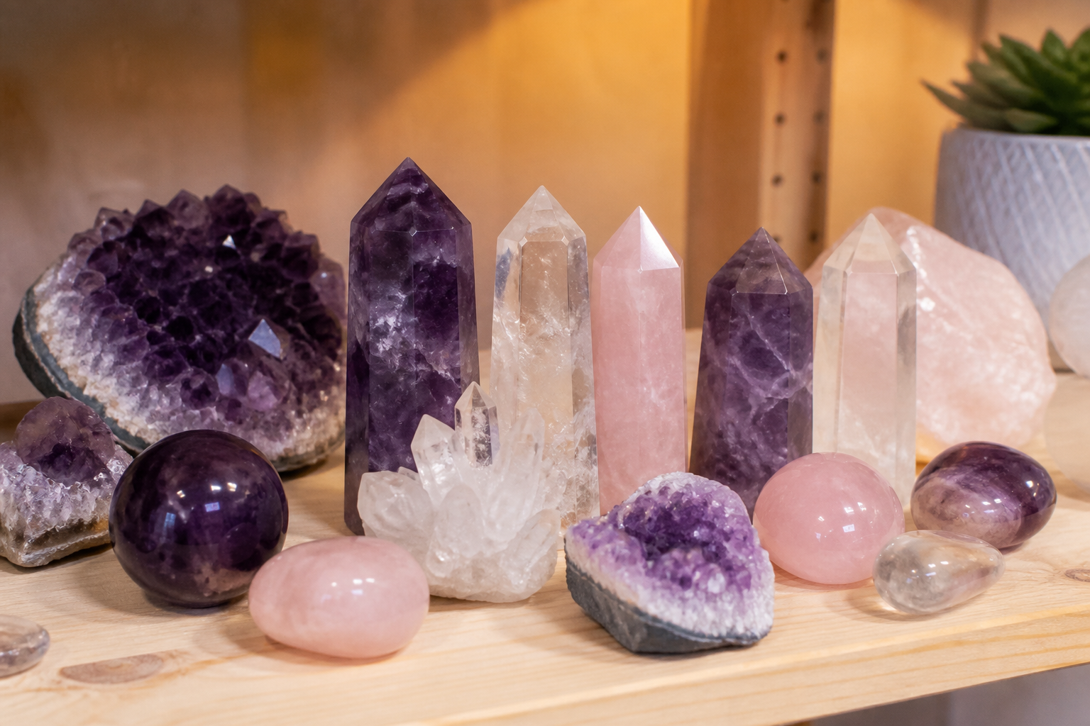 Generic display of polished crystals and natural gemstone points