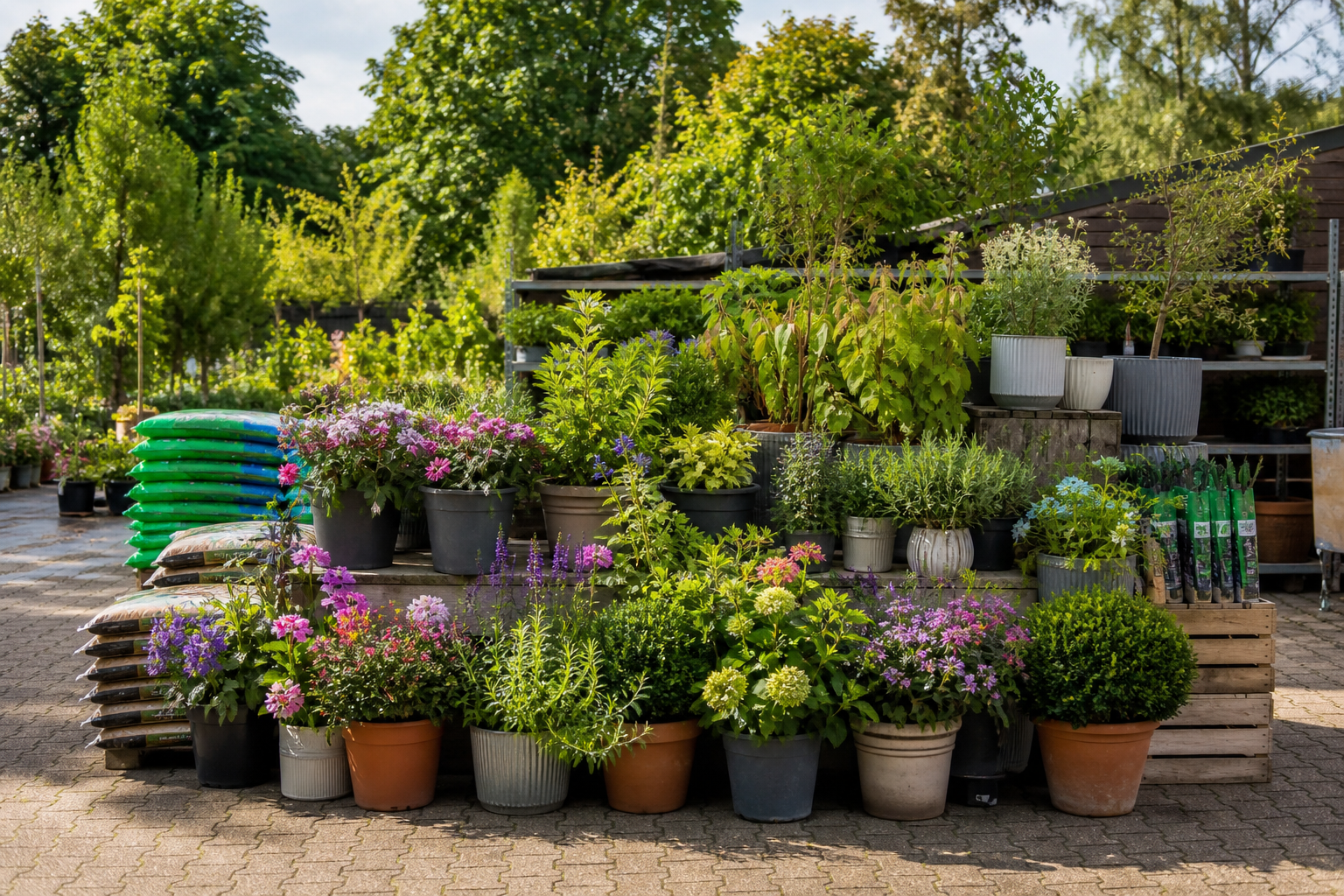Plants and gardening supplies at a compact garden centre