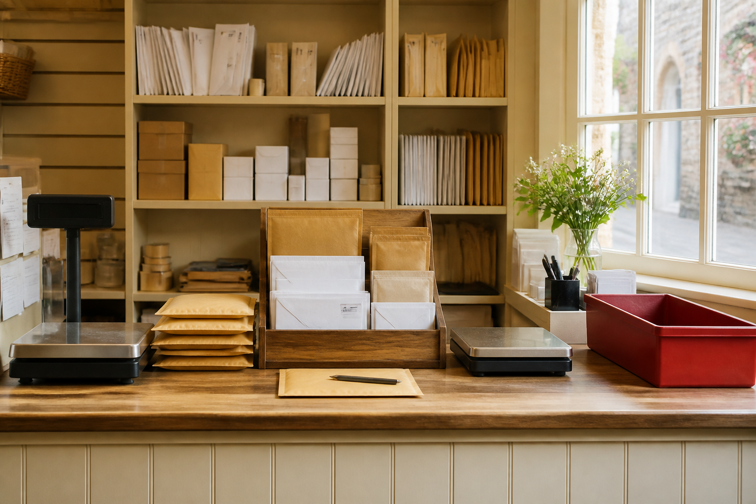 A welcoming local postal counter with envelopes, parcels and weighing scales