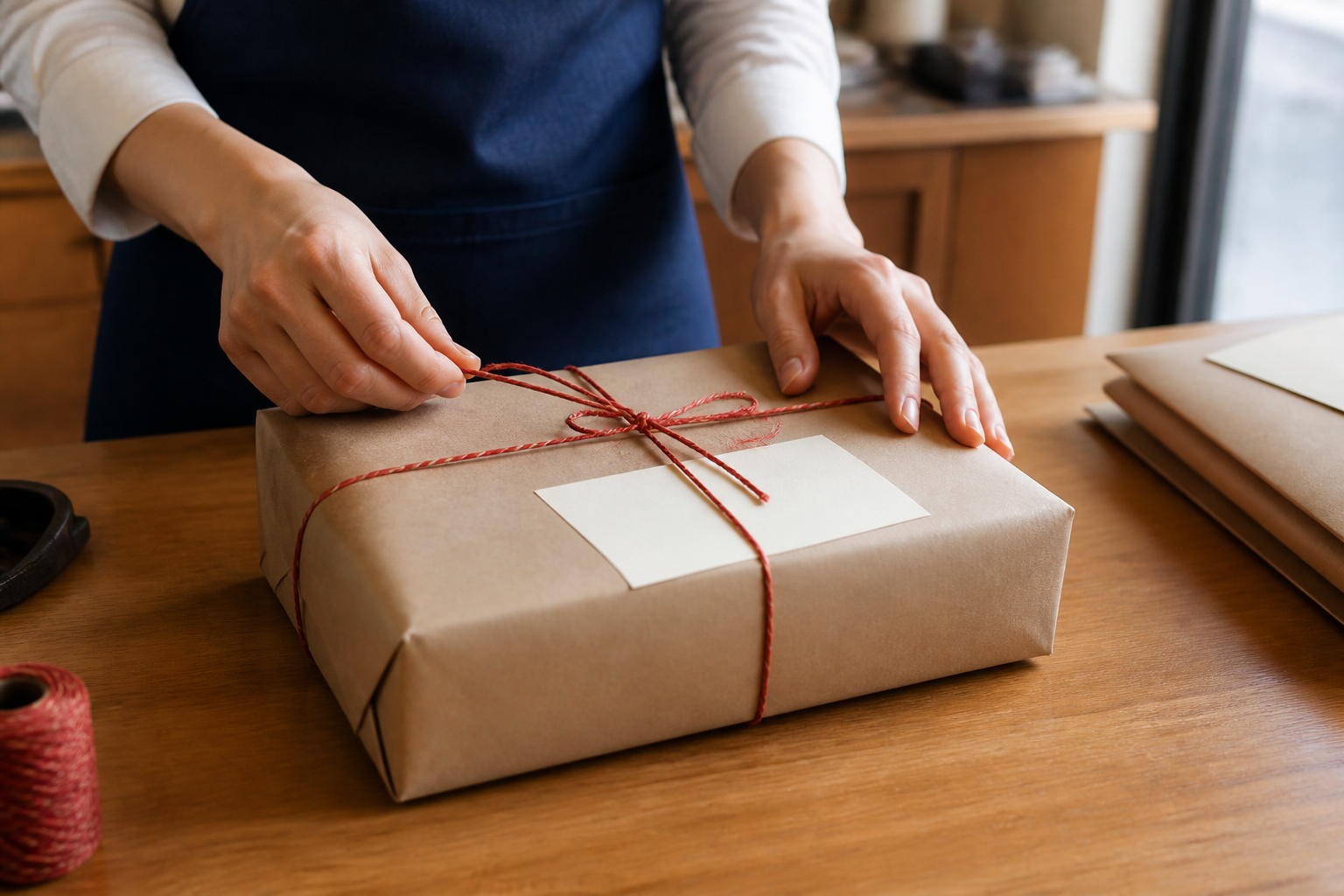 A parcel being prepared carefully for posting