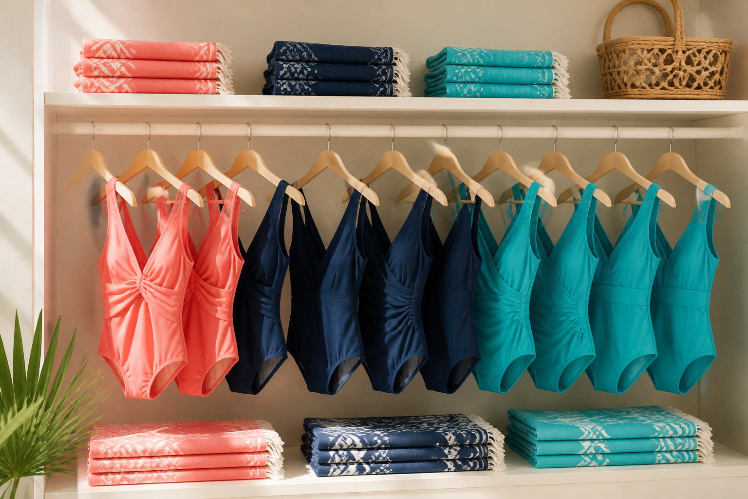 Colourful one-piece swimwear boutique display