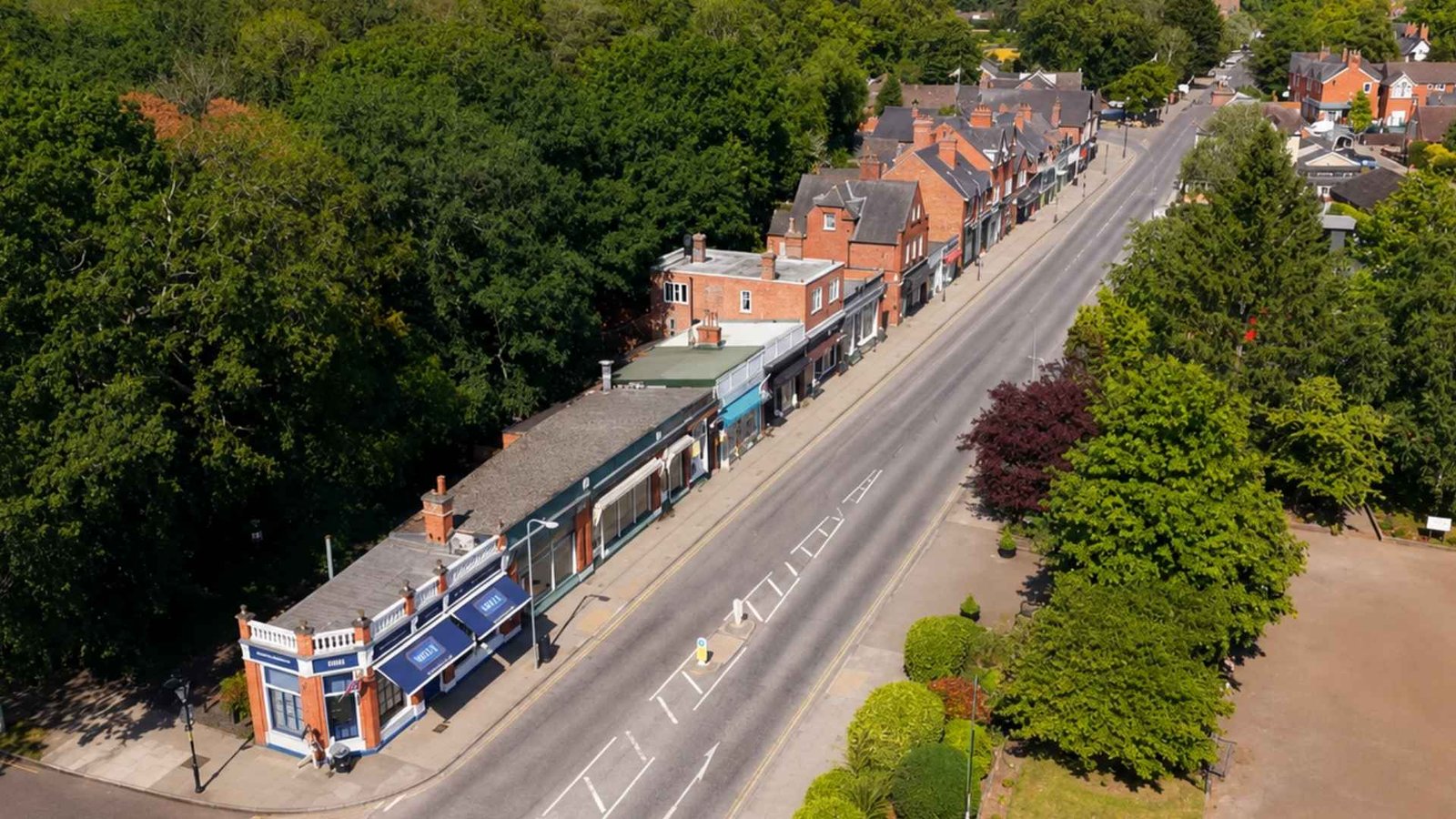 Aerial view of independent shops in Woodhall Spa