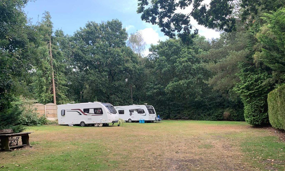 Caravans pitched among mature trees at Little Eden in Woodhall Spa