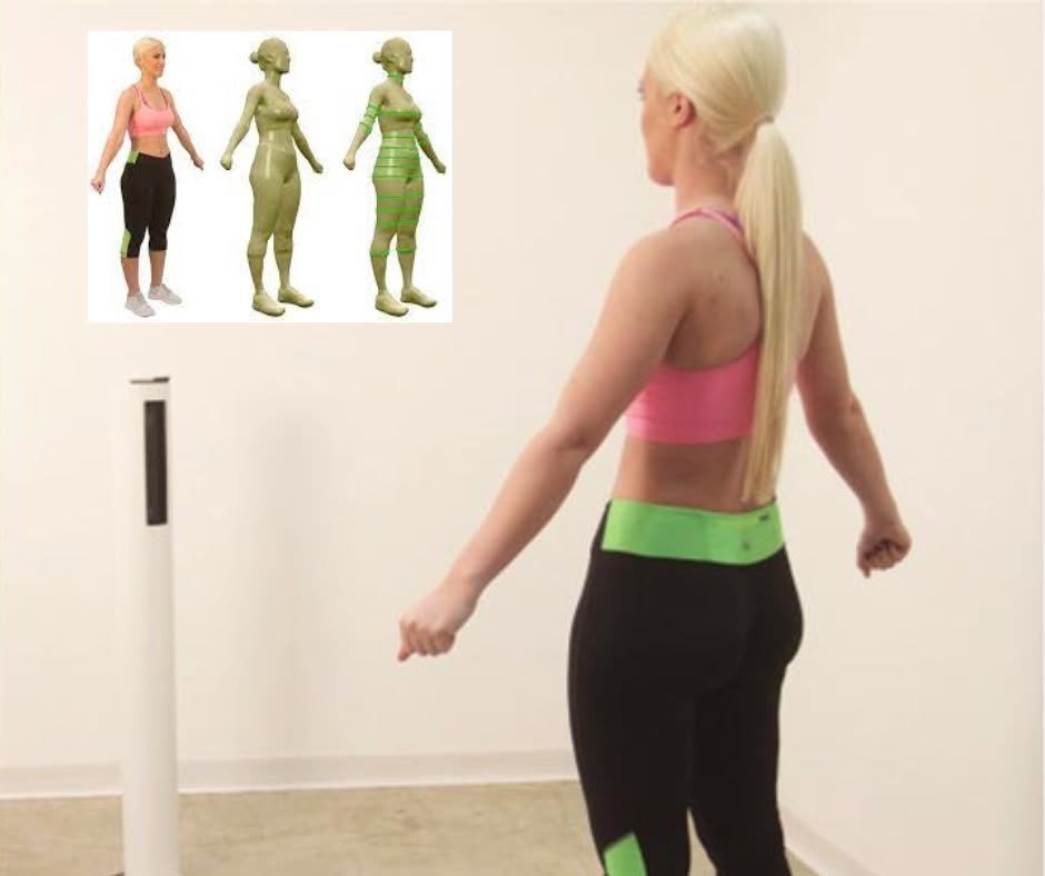 A person using a Styku scanner, with examples of the 3D body model