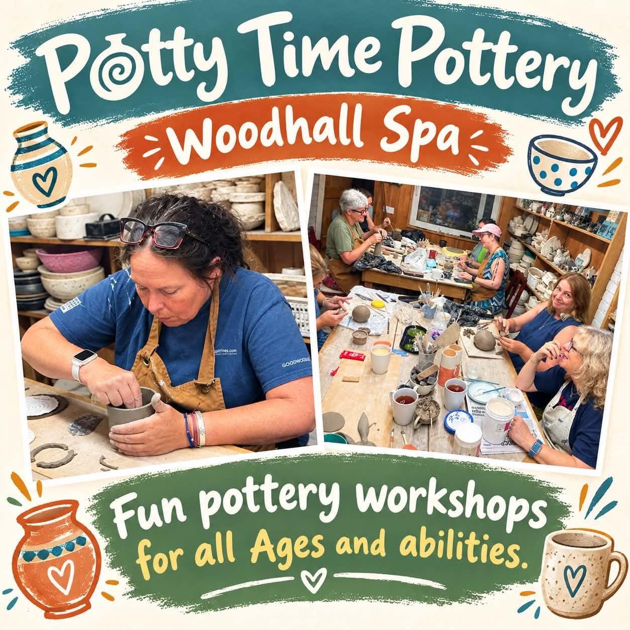 Potty Time Pottery, Woodhall Spa – fun pottery workshops for all ages and abilities, with participants making pottery in the studio.