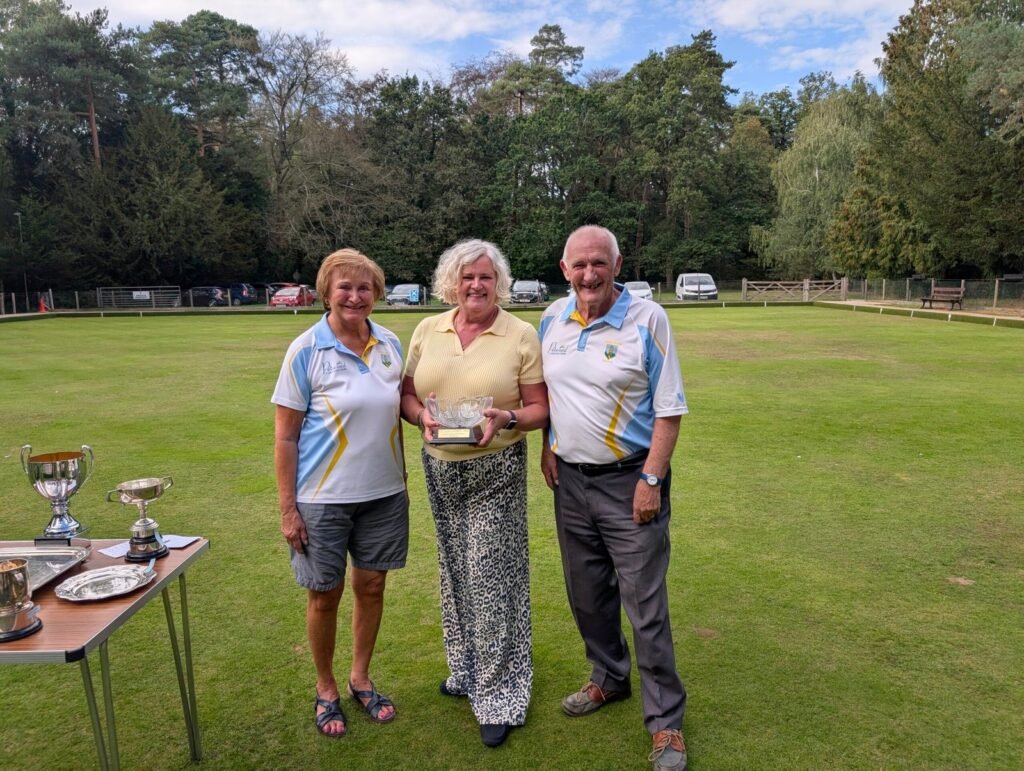 Members at a trophy presentation on Woodhall Spa Town Bowls Club green