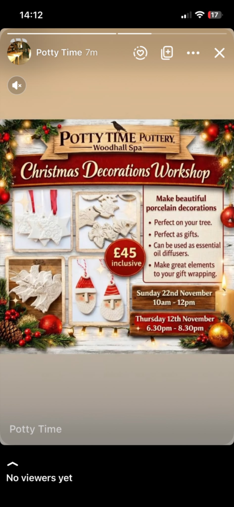 Potty Time Christmas Decorations Workshop: £45 inclusive, 12 November 6:30pm–8:30pm or 22 November 10am–noon.
