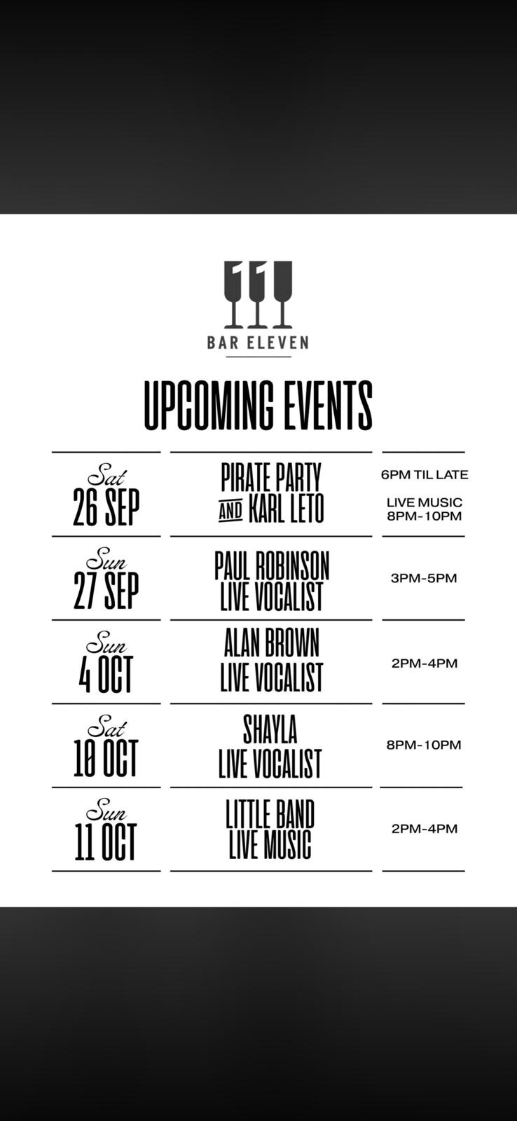 Bar Eleven September and October 2026 event programme