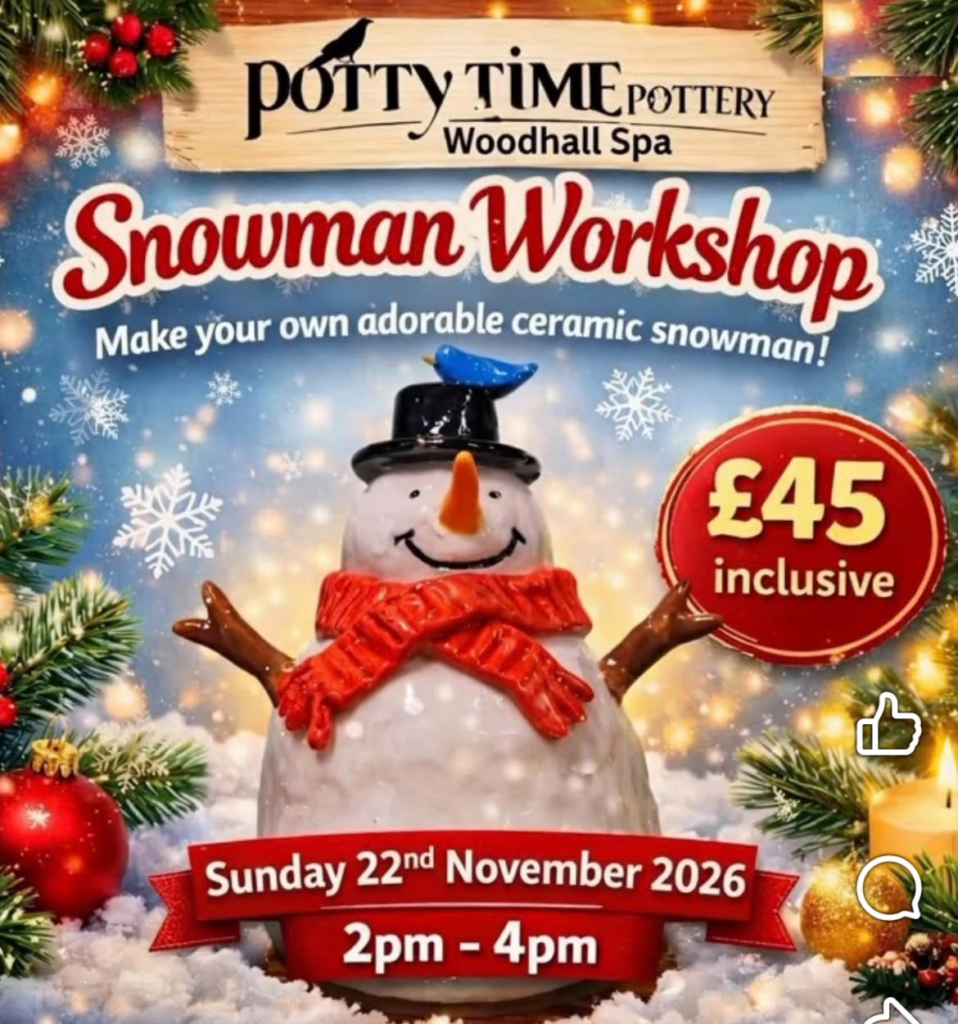 Potty Time ceramic snowman workshop, Sunday 22 November 2026, 2pm–4pm, £45 inclusive.
