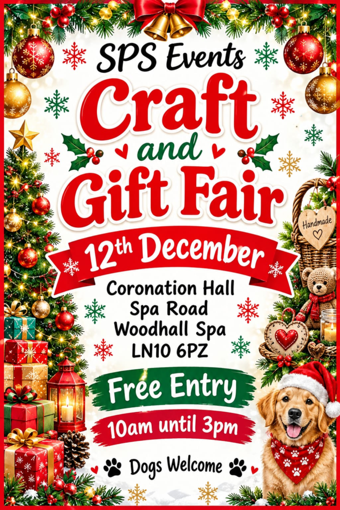SPS Events Christmas Craft and Gift Fair, 12 December, 10am–3pm, Coronation Hall, Woodhall Spa. Free entry. Dogs welcome.