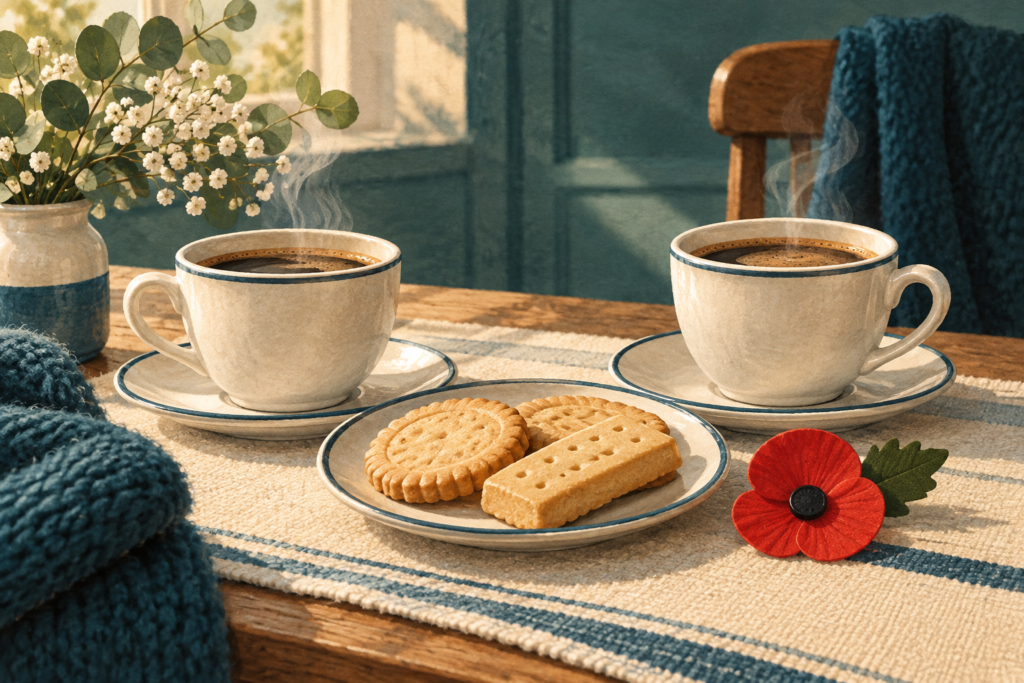 Coffee cups, biscuits and a red poppy on a welcoming café table — promotional illustration