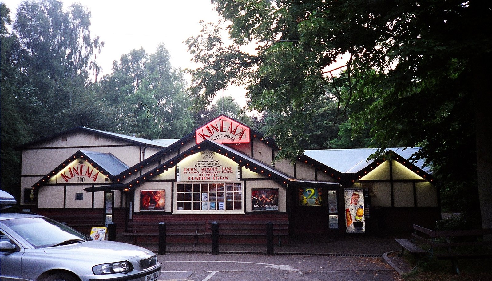 The illuminated entrance of the Kinema in the Woods