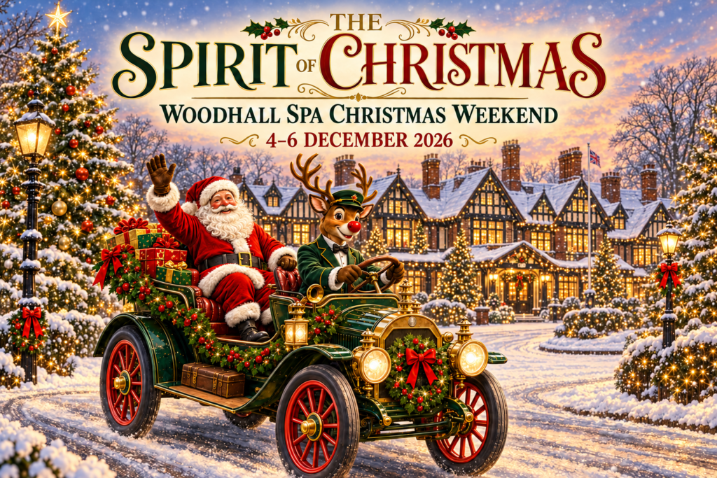 Festive illustration of Santa and a reindeer arriving by vintage car in snowy Woodhall Spa