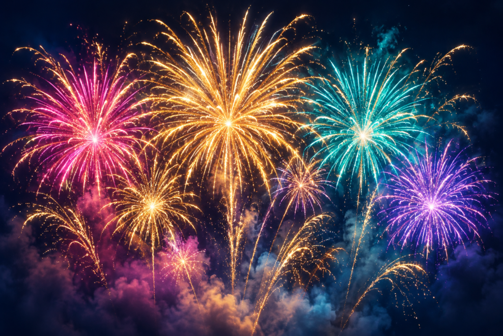 Gold, pink and turquoise fireworks against a night sky — promotional illustration